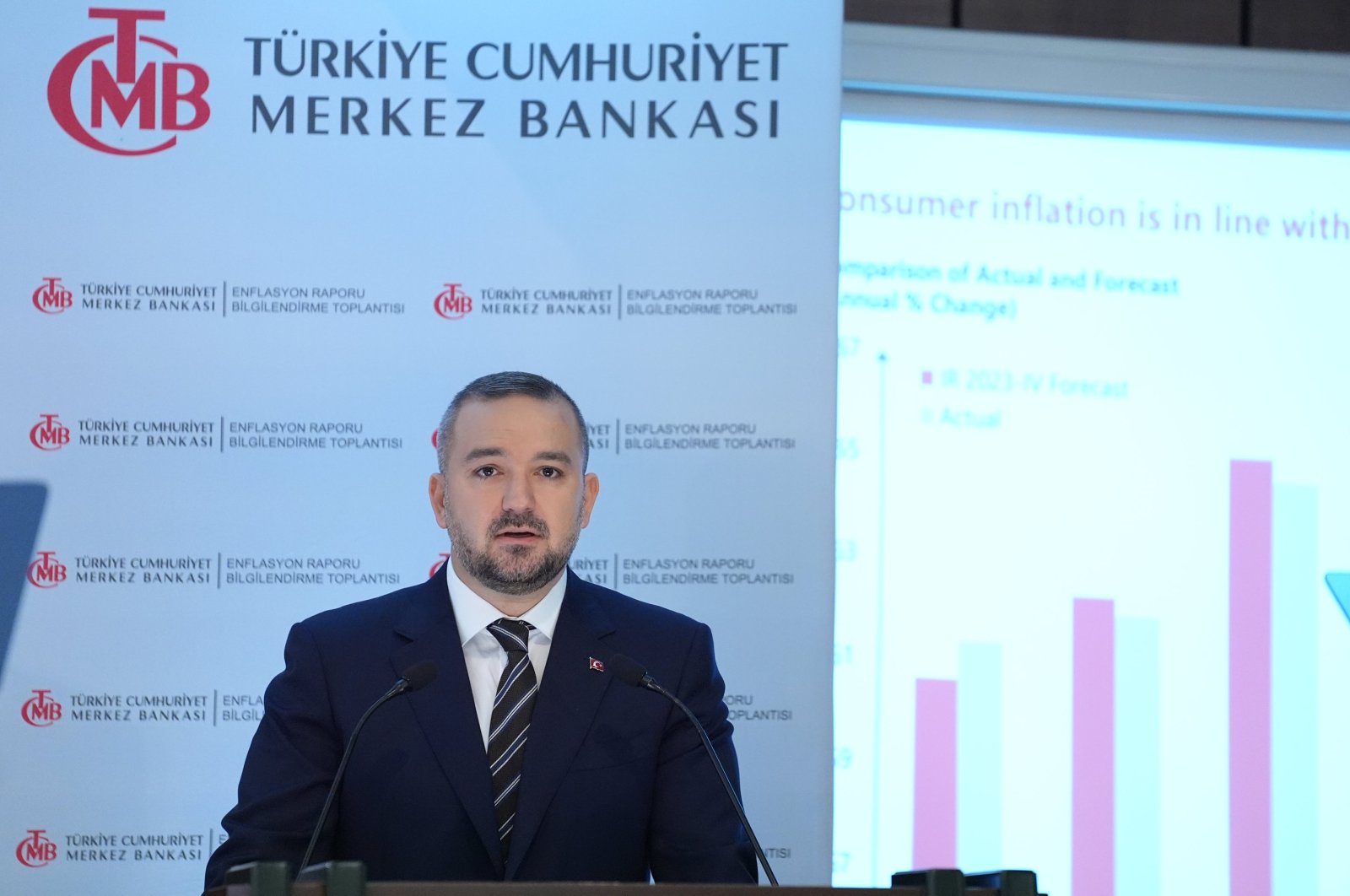 Fatih Karahan, the new governor of the Central Bank of the Republic of Türkiye (CBRT), speaks at a news conference to present the bank&#039;s quarterly inflation report, Ankara, Türkiye, Feb. 8, 2024. (AA Photo)
