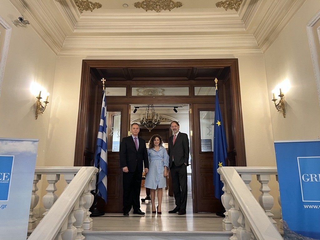 (L-R) Consul General of Greece in Istanbul, Dr. Konstantinos Koutras, Daily Sabah&#039;s Buse Keskin and the Press Attache of the Greek Consulate General, Yorgos Mamalos, Istanbul, Türkiye, April 1, 2024. (Photo by Betül Tilmaç)