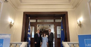 (L-R) Consul General of Greece in Istanbul, Dr. Konstantinos Koutras, Daily Sabah&#039;s Buse Keskin and the Press Attache of the Greek Consulate General, Yorgos Mamalos, Istanbul, Türkiye, April 1, 2024. (Photo by Betül Tilmaç)