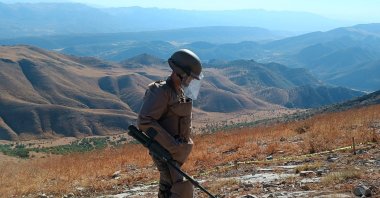 This photo shared by Ministry of Defense shows a soldier scanning for mines in an undisclosed location. (AA Photo) 