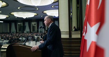 President Recep Tayyip Erdoğan speaks at an iftar dinner with members of security forces in Ankara, April 3, 2024. (AA Photo)