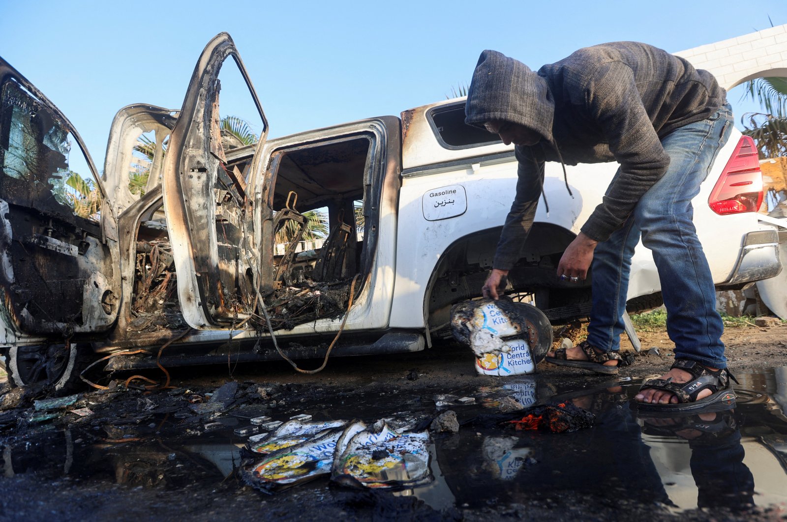 A Palestinian inspects near a vehicle where employees from the World Central Kitchen (WCK), including foreigners, were killed in an Israeli airstrike, in Deir al-Balah, central Gaza, Palesitne, April 2, 2024. (Reuters Photo)