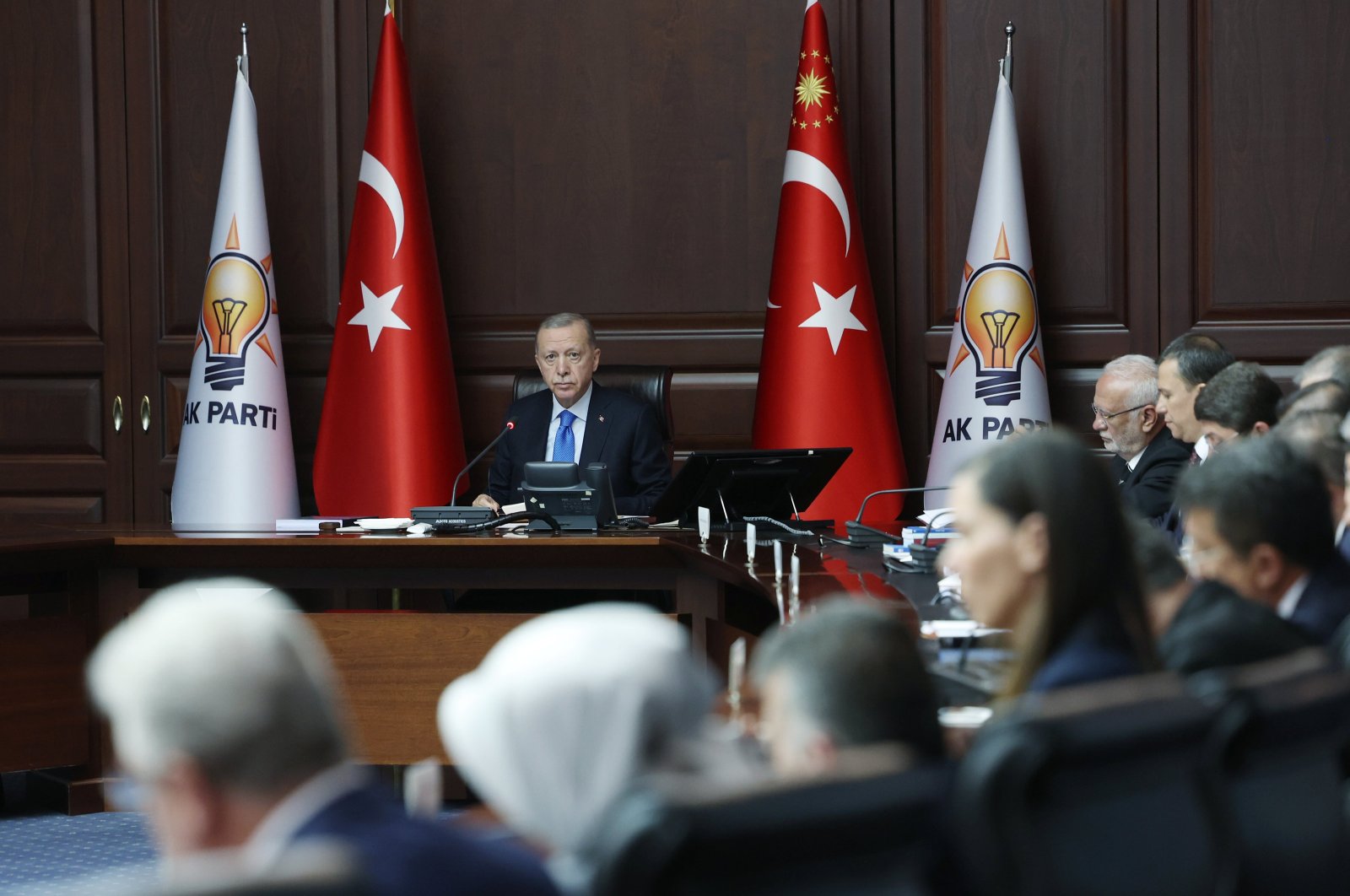 President Recep Tayyip Erdoğan chairs the Justice and Development Party&#039;s (AK Party) Central Executive Board (MYK) meeting in Ankara, Türkiye, April 2, 2024. (AA Photo)