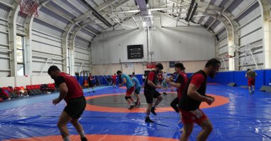 Turkish wrestling team players train ahead of the European qualifications at Mersinli Ahmet Eğitim Kompleksi Sports Facilities, Istanbul, Türkiye, April 2, 2024. (IHA Photo)