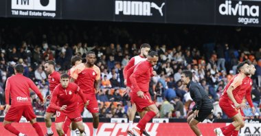 Mallorca players warm up ahead of the La Liga match against Valencia, Valencia, Spain, March 30, 2024. (EPA Photo)