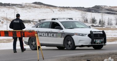 A police car blocks the entrance to the Brady Road Resource Management Facility, Winnipeg, Manitoba, Canada, April 4, 2023.  (Reuters File Photo)