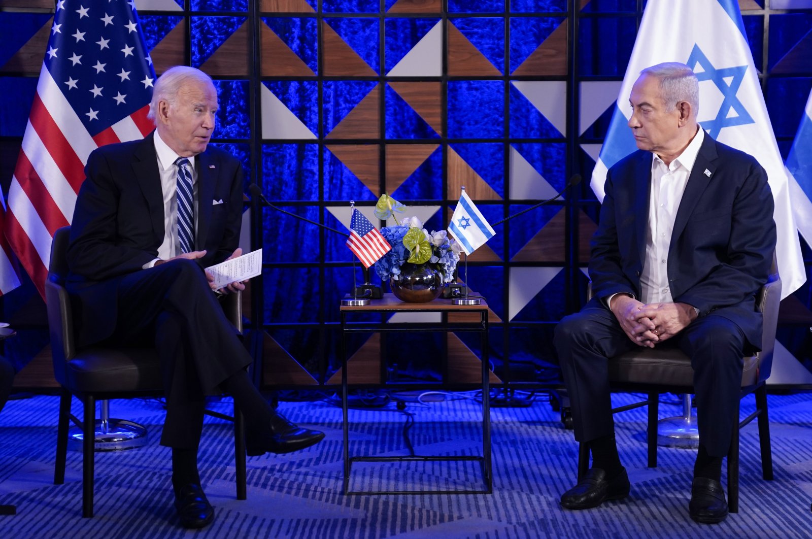 U.S. President Joe Biden (L) speaks as he meets with Israeli Prime Minister Benjamin Netanyahu, Tel Aviv, Israel, Oct. 18, 2023. (AP Photo)