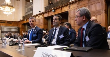 Deputy Foreign Minister Ahmet Yıldız (R), Turkish Parliamentary Justice Commission Chair Cüneyt Yüksel (L) and Turkish Ambassador to The Hague Selçuk Ünal (C) attend a hearing at the International Court of Justice (ICJ) on the legal consequences of the Israeli occupation of Palestine, The Hague, Netherlands, Feb. 26, 2024. (AA Photo)