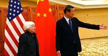 China's Vice Premier He Lifeng gestures to U.S. Treasury Secretary Janet Yellen (L) before a meeting at the Guangdong Zhudao Guest House, Guangzhou, China, April 5, 2024. (AFP Photo)