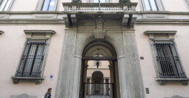 The headquarters of Giorgio Armani Operations at Borgonuovo Street in Milan, Italy, Friday, April 5, 2024. (AP Photo)