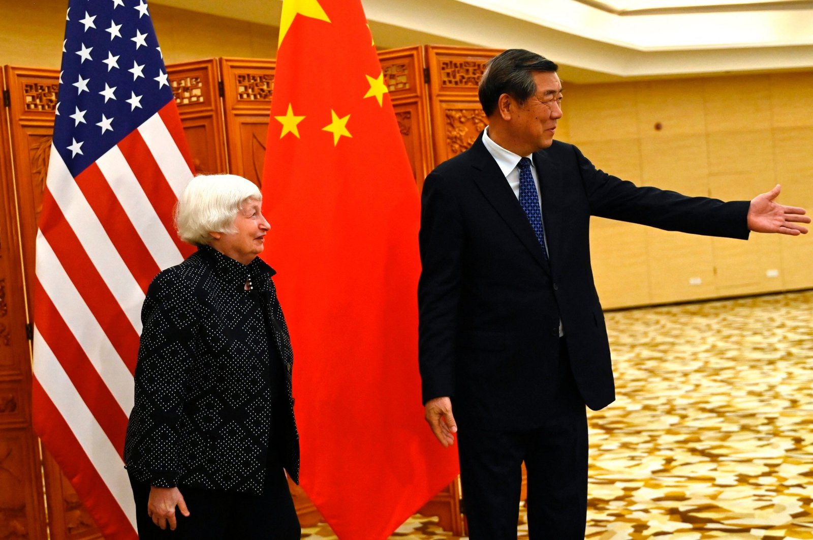 China&#039;s Vice Premier He Lifeng gestures to U.S. Treasury Secretary Janet Yellen (L) before a meeting at the Guangdong Zhudao Guest House, Guangzhou, China, April 5, 2024. (AFP Photo)