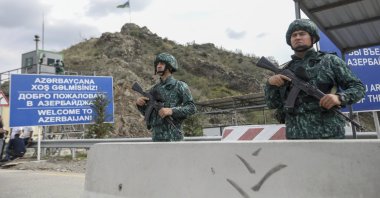 Azerbaijani soldiers guard the Lachin checkpoint, Azerbaijan, Oct. 1, 2023. (AP Photo)