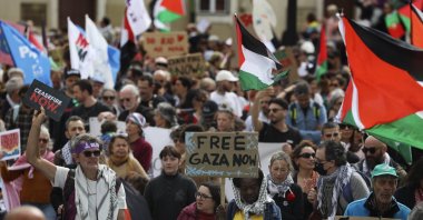 Participants attend the "April for Palestine" demonstration, organized by the Platform for Solidarity with Palestine, on the day that marks six months of the armed conflict in the Gaza Strip, Lisbon, Portugal, April 7, 2024. (EPA Photo)