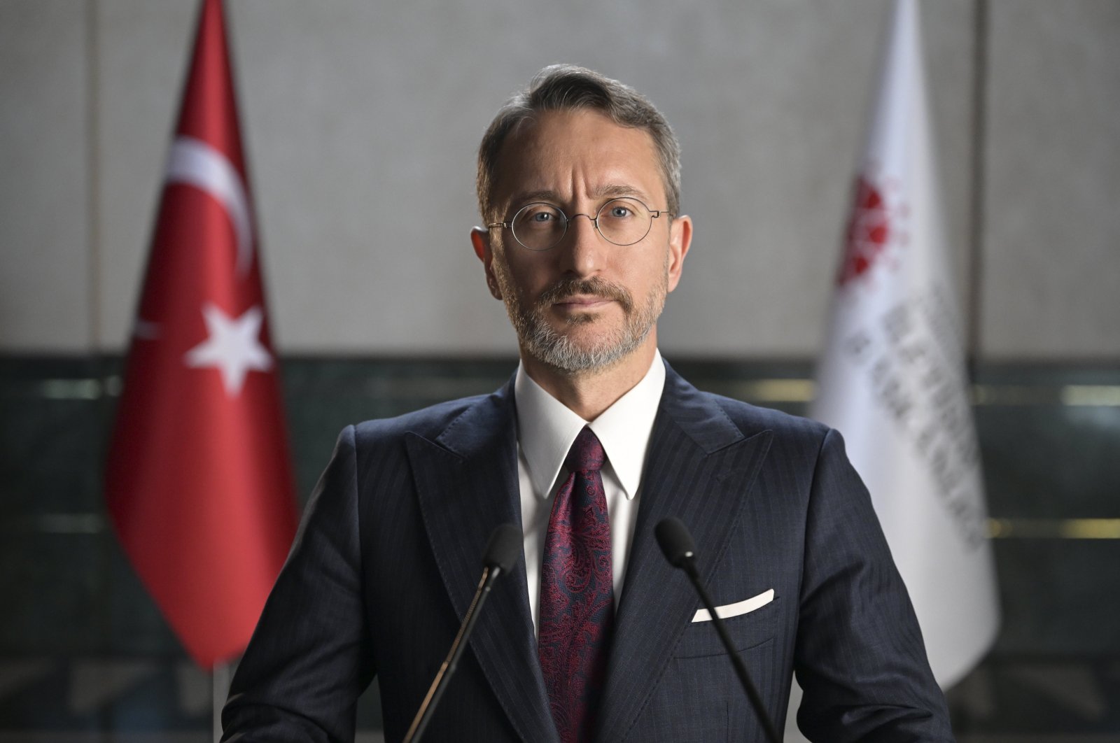 Communications Director Fahrettin Altun speaks via video message at a panel hosted by Türkiye&#039;s Embassy in London, Monday, April 8, 2024. (AA Photo)