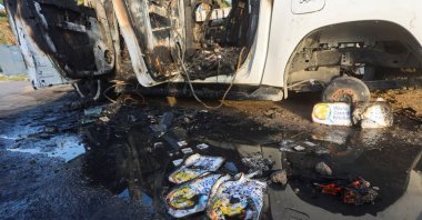 A view of the vehicle where employees from the World Central Kitchen (WCK) were killed in an Israeli airstrike, in Deir Al-Balah, in central Gaza, Palestine, April 2. (Reuters Photo)