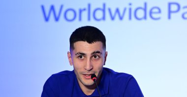Turkish taekwondo star Hakan Reçber speaks during the news conference at the "Team Visa" announcement ceremony, Istanbul, Türkiye, April 3, 2024. (AA Photo)