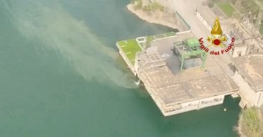 Smoke rises after a blast at a hydroelectric power plant in Bargi, Italy, April 9, 2024, in this screen grab taken from video. (Vigili del Fuoco/Handout via Reuters)