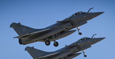 Two Dassault Rafale fighter jets take off for a mission from Fetesti Air Base, in the commune Borcea, near the town of Fetesti, Romania on Oct. 19, 2023. (AFP File Photo)