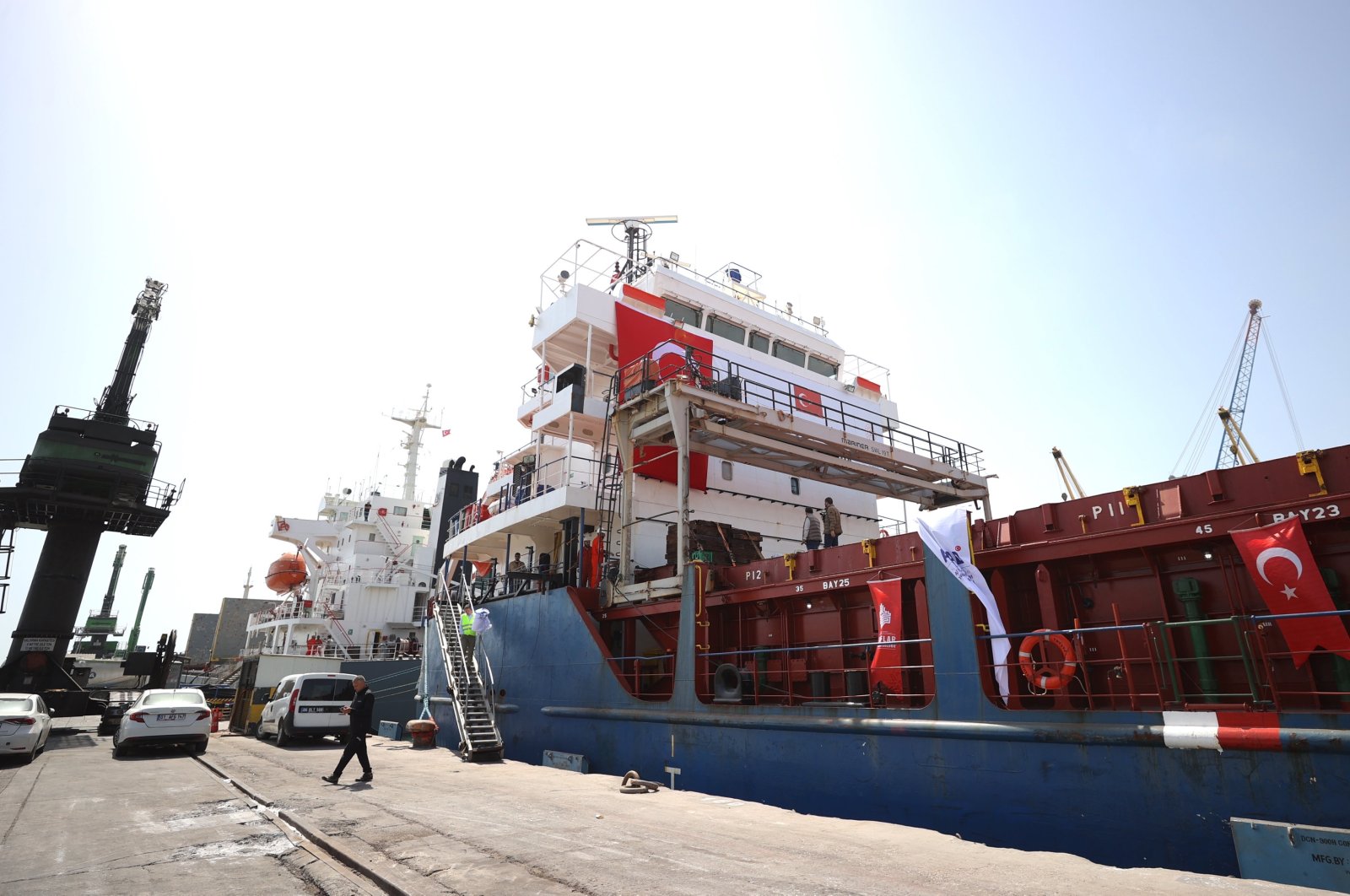 The Disaster and Emergency Management Authority (AFAD) loads humanitarian aid supplies onto a vessel for Gaza at the Port of Mersin, southern Mersin province, Türkiye, March 28, 2024. (AA Photo)