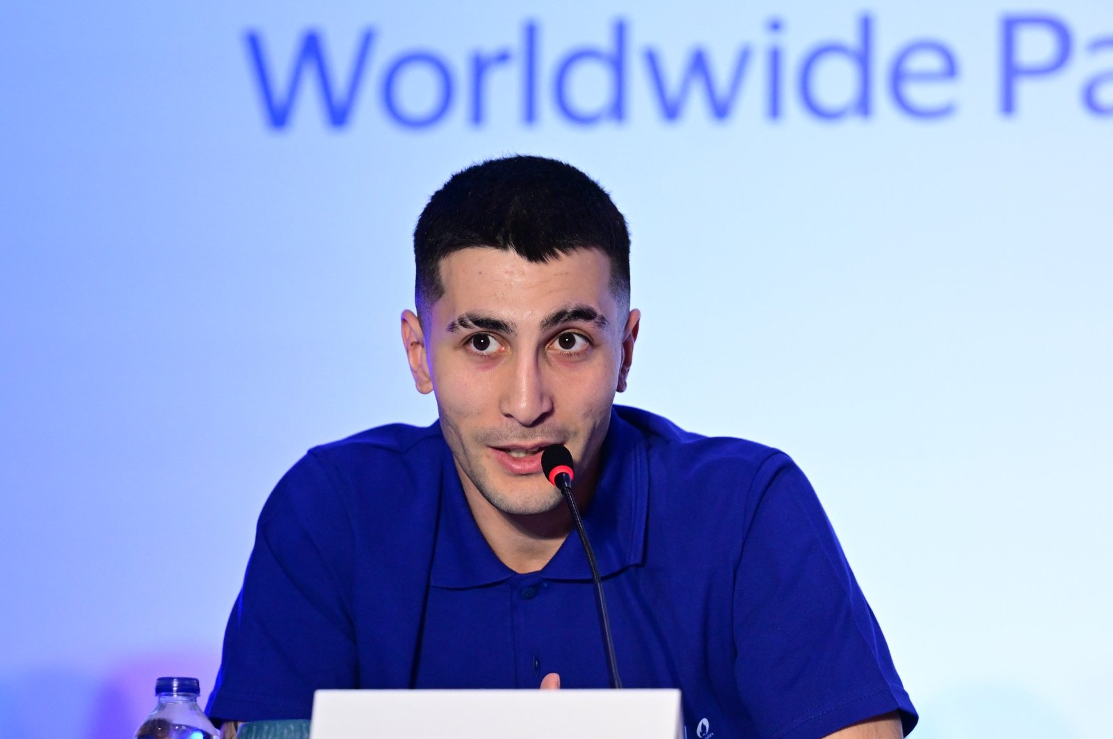 Turkish taekwondo star Hakan Reçber speaks during the news conference at the &quot;Team Visa&quot; announcement ceremony, Istanbul, Türkiye, April 3, 2024. (AA Photo)