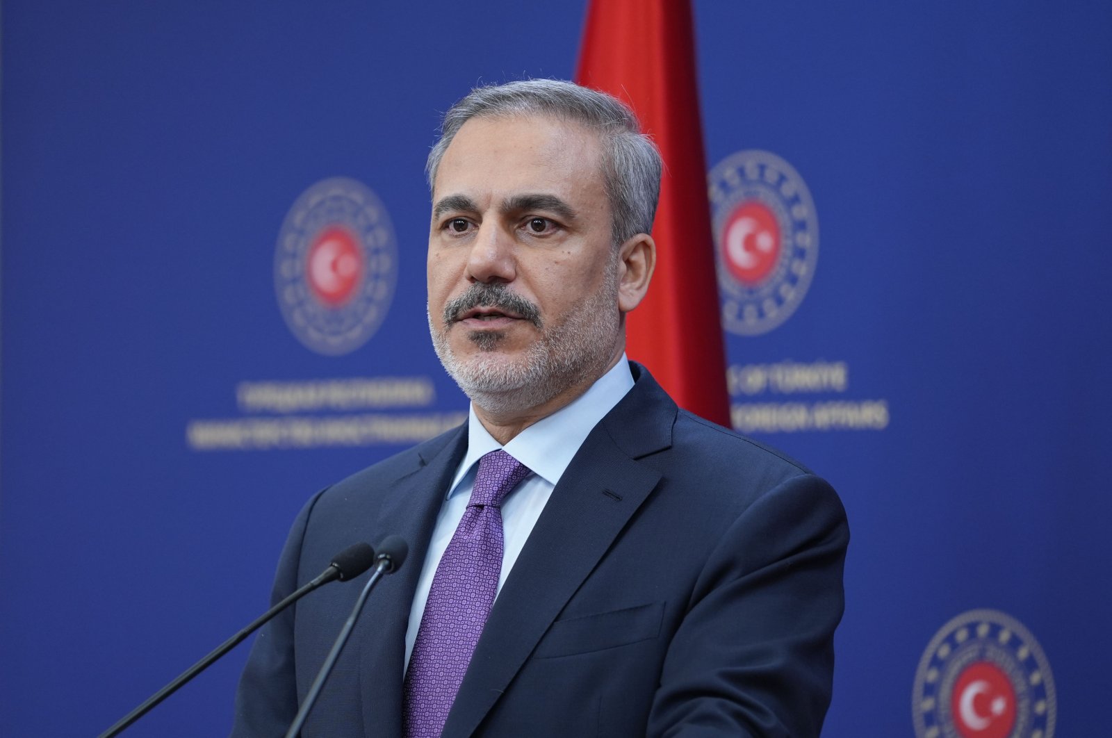 Foreign Minister Hakan Fidan speaks at a news conference at the ministry headquarters, Ankara, Türkiye, April 8, 2024. (AA Photo)