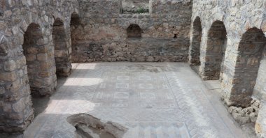 The construction of the glass terrace, above the tepidarium (warm bathroom) section of the Roman bath, has made the historical structure at the ancient city of Hadrianopolis more visible, Karabük, Türkiye, April 11, 2024. (AA Photo)