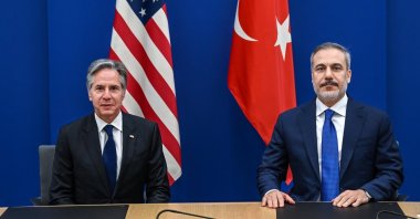 Foreign Minister Hakan Fidan (R) and his U.S. counterpart Antony Blinken in Brussels, Belgium, April 4, 2024. (DHA Photo)