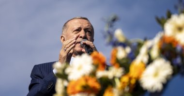 President Recep Tayyip Erdoğan gives a speech during a campaign rally ahead of nationwide municipality elections, in Istanbul, Türkiye, March 24, 2024. (AP Photo)