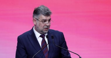 Romanian Prime Minister Marcel Ciolacu delivers a speech at the Party of European Socialists (PES) conference held at Parliament Palace in Bucharest, Romania, April 6, 2024. (EPA Photo)