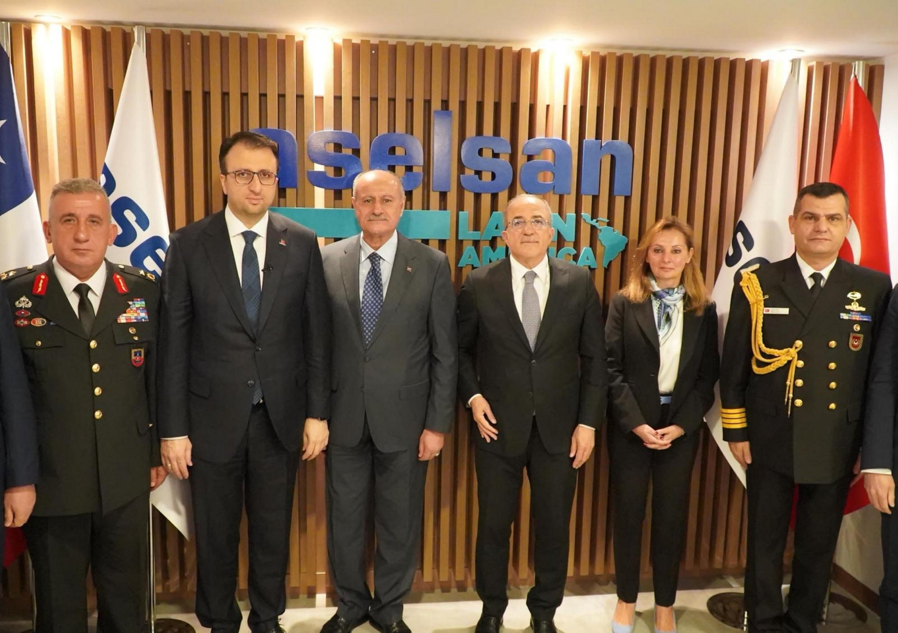 Aselsan CEO Ahmet Akyol (2nd L), Deputy Minister of National Defense Şuay Alpay (3rd R), Türkiye's Ambassador to Santiago Gülcan Akoğuz (2nd R) and other officials attend the opening of Aselsan's office in Santiago, Chile, April 9, 2024. (AA Photo)