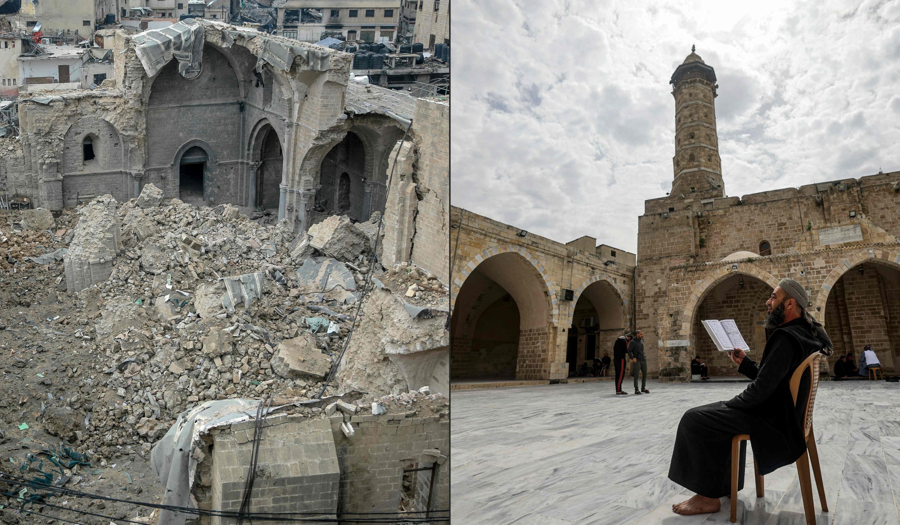 This combination of pictures shows Gaza City's Omari Mosque on Jan. 5, 2024, the oldest mosque in Gaza, damaged in Israeli bombardment and a file picture of a Palestinian man reading the Quran in the courtyard of the same mosque on the first day of the Muslim holy month of Ramadan on March 23, 2023. (AFP Photo)