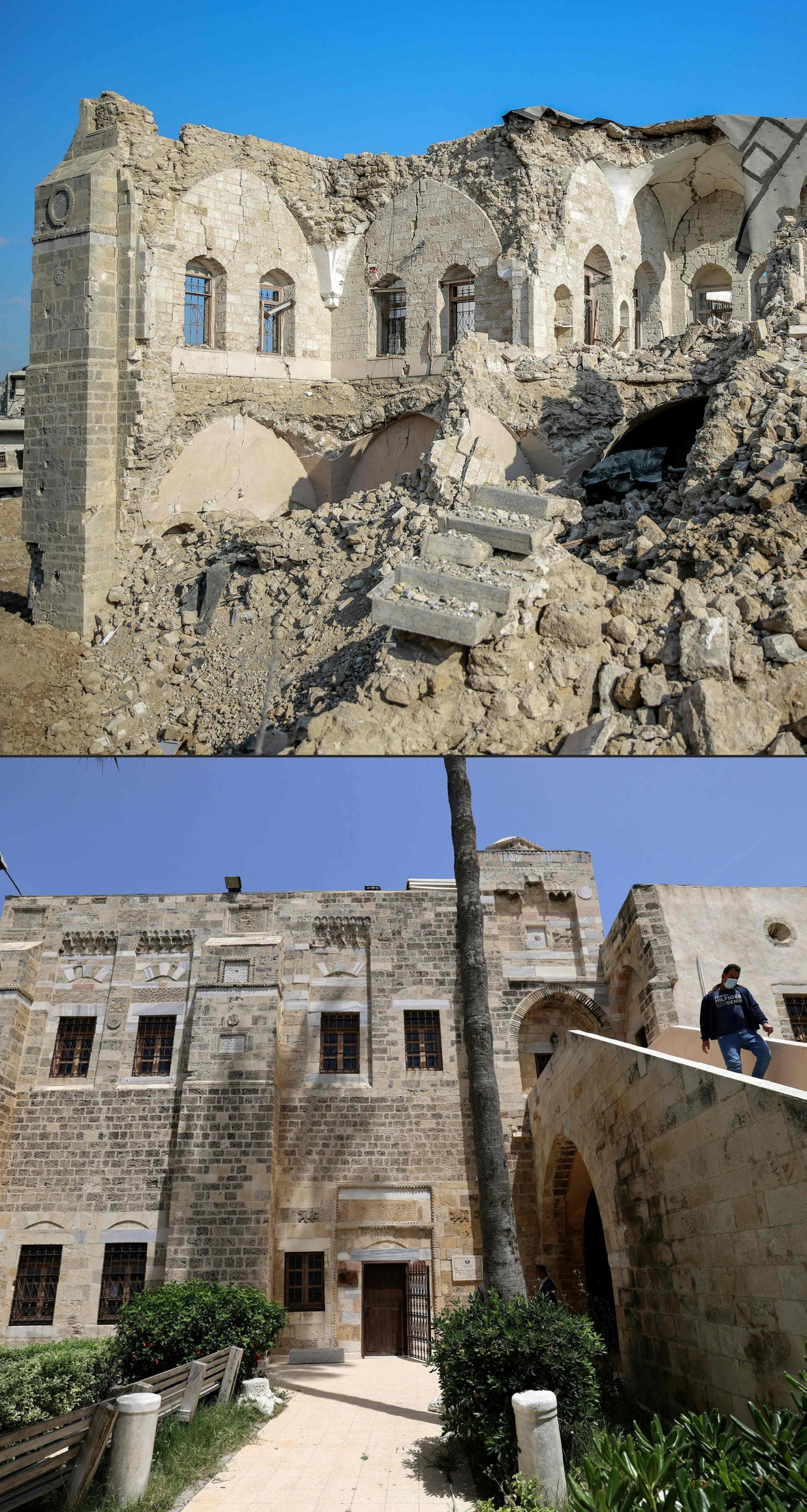 This combination of pictures shows a file picture of the 17th century Qasr al-Basha in Gaza City where Napoleon Bonaparte slept for several nights during his campaign in Egypt and Palestine and what currently remains of the site after Israeli bombardment. (AFP Photo)