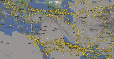 A graphical representation of air traffic shows airspace over Iran and the neighboring Middle East at 12 a.m. GMT, April 14, 2024. (Flightradar24.Com/Handout via Reuters)