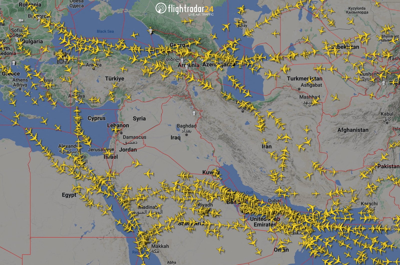 A graphical representation of air traffic shows airspace over Iran and the neighboring Middle East at 12 a.m. GMT, April 14, 2024. (Flightradar24.Com/Handout via Reuters)