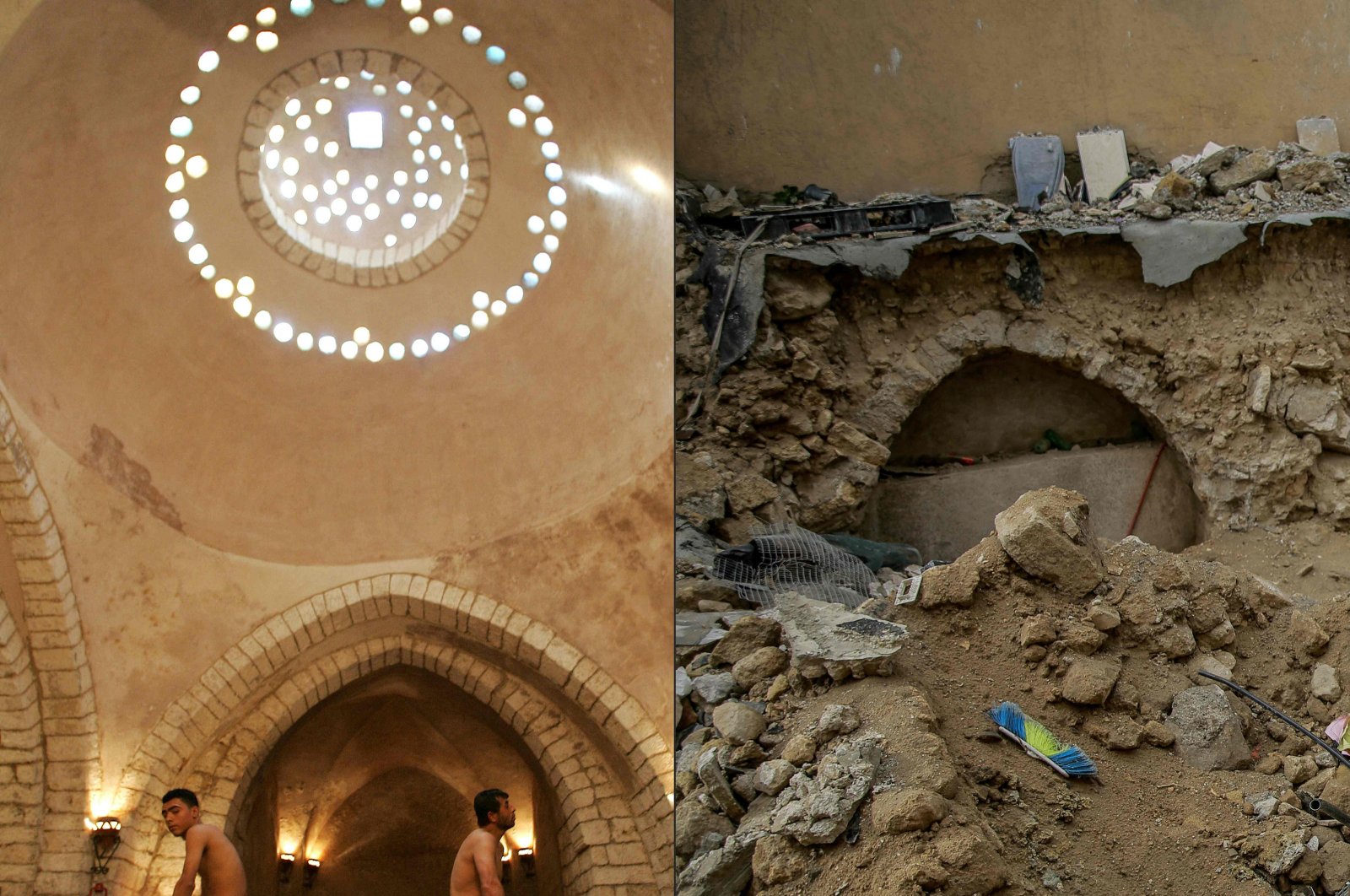 This combination of pictures shows Gaza City&#039;s historic Hammam al-Samra, which used to be the only active traditional Turkish bath remaining in Gaza, located in the Zeitun quarter of the old city before it was destroyed in Israeli bombardment. (AFP Photo)