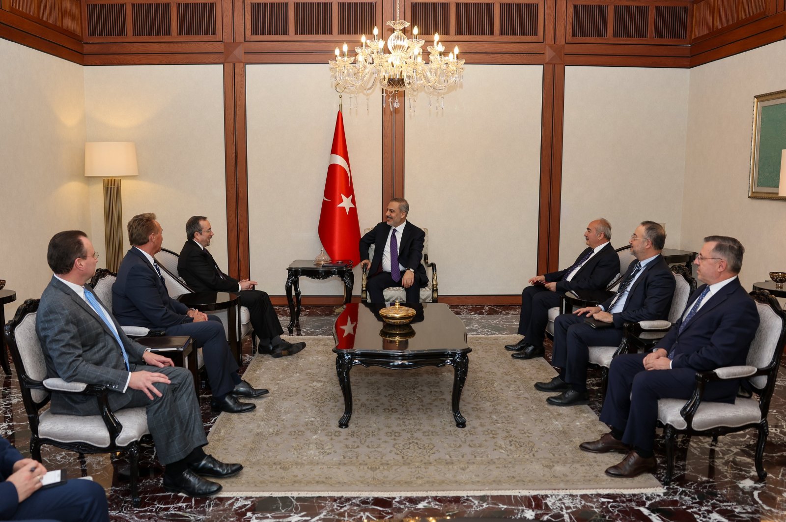 Foreign Minister Hakan Fidan, U.S. Under Secretary John Bass and their delegations hold a meeting at the Foreign Ministry headquarters in Ankara, Türkiye, April 15, 2024. (AA Photo)