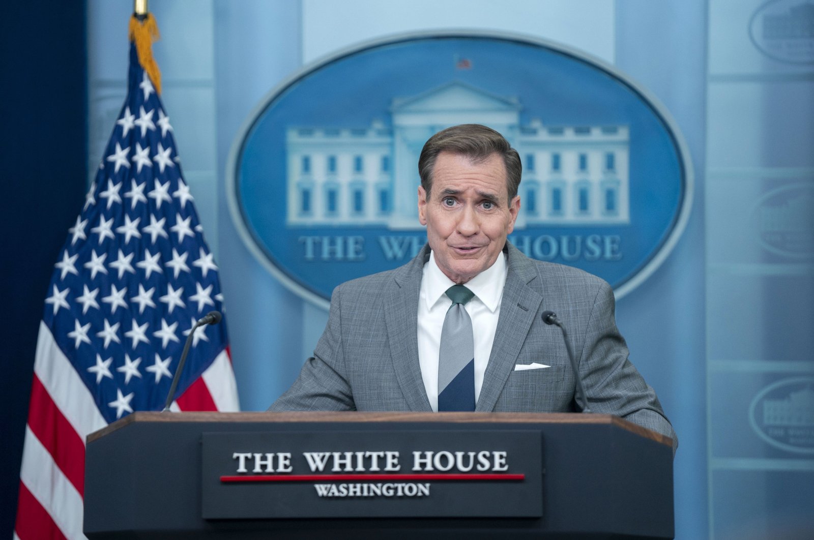 U.S. National Security Council Coordinator for Strategic Communications John Kirby speaks during the daily press briefing in the James S. Brady Briefing Room at the White House in Washington, D.C., April 15, 2024.  (EPA Photo)