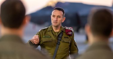 This handout picture released by the Israeli army shows Israeli Army Chief of General Staff Lt. Gen. Herzi Halevi speaking to military officers, Nevatim airbase, Israel, April 15, 2024. (AFP Photo)