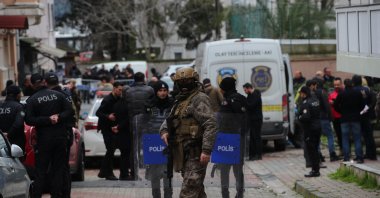 Turkish police stand guard outside the Italian Santa Maria Catholic Church after an attack by Daesh suspects, Istanbul, Türkiye, Jan. 28, 2024. (Reuters Photo)