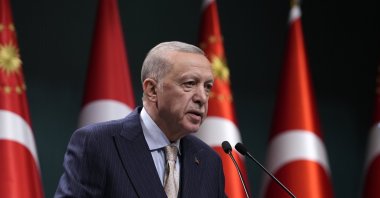  Recep Tayyip Erdoğan speaks to reporters at a news conference following a cabinet meeting in Ankara, April 16, 2024. (AA Photo)