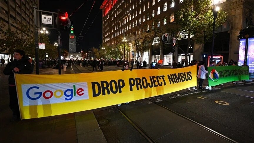 This undated picture shows the "No Tech For Apartheid" group protesting against Google&#039;s links to Israel. (AA Photo)