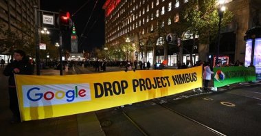 This undated picture shows the "No Tech For Apartheid" group protesting against Google's links to Israel. (AA Photo)