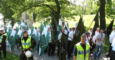 Members of the neo-Nazi organization Swedish Resistance Movement (Svenska motståndsrörelsen) taking part in a nationalist demonstration in Stockholm on National Day, June 6, 2007. (Wikipedia File Photo)