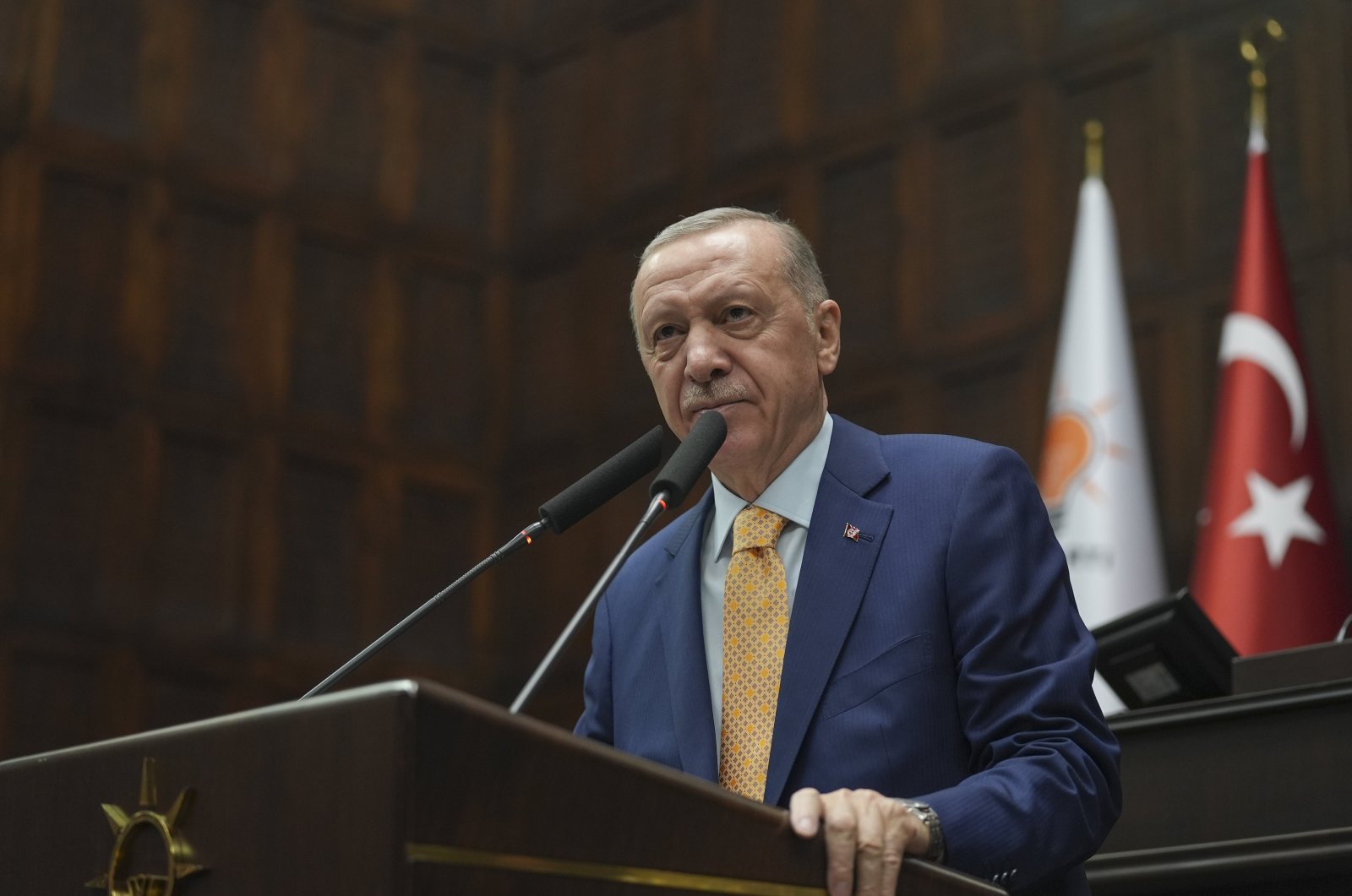 President Recep Tayyip Erdoğan speaks during a parliamentary group meeting of his ruling Justice and Development Party (AK Party), Ankara, Türkiye, April 17, 2024. (AA Photo)