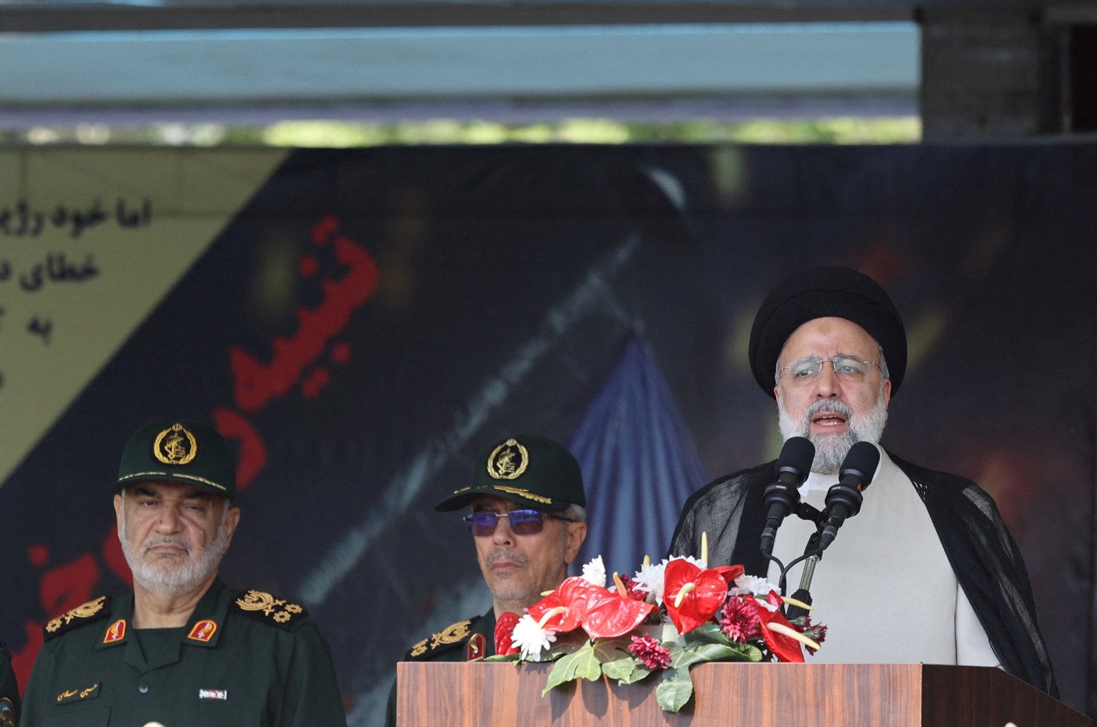 Iranian President Ebrahim Raisi delivers a speech during the National Army Day parade ceremony in Tehran, Iran, April 17, 2024. (Majid Asgaripour/West Asia News Agency via Reuters)