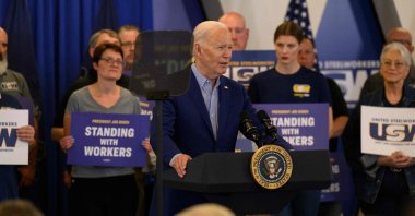 U.S. President Joe Biden speaks to members of the United Steel Workers Union at the United Steel Workers Headquarters in Pittsburgh, Pennsylvania, U.S., April 17, 2024. (AFP Photo)