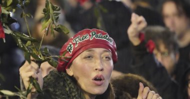 Alana Hadid participates in a sit-in demanding a cease-fire in the Israeli-Palestinian war in Los Angeles, U.S., Nov. 15, 2023. (AP Photo)