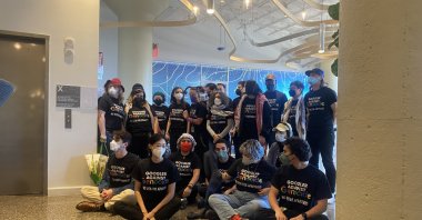 Google employees protest against the Israel-linked Nimbus Project, New York, U.S., April 17, 2024. (AA Photo)