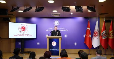 Defense Ministry spokesperson Zeki Aktürk speaks to reporters in Ankara, Türkiye, April 18, 2024. (DHA Photo)