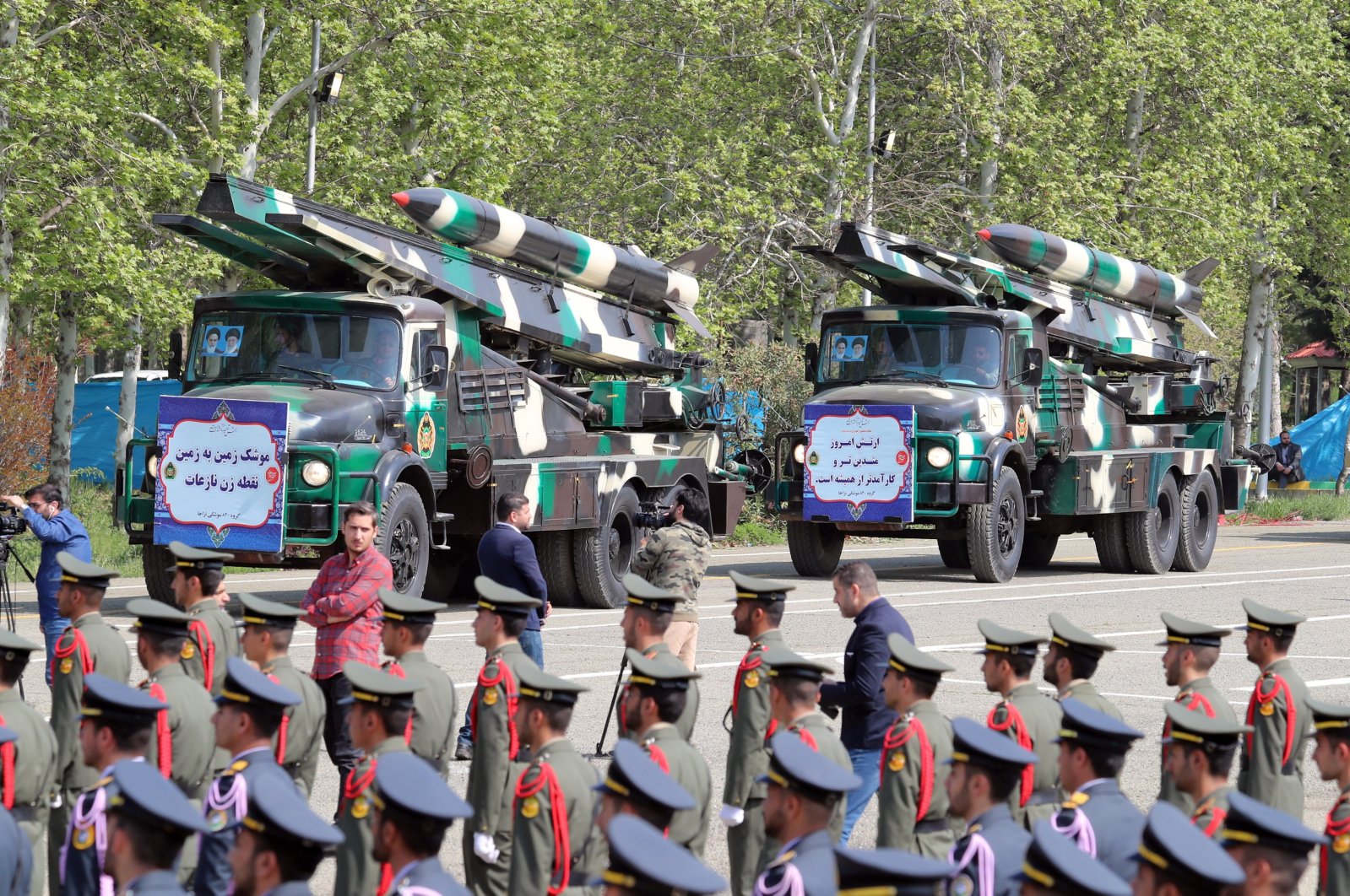 Iranian medium range missiles Nazeat are displayed during the annual Army Day celebration at a military base in Tehran, Iran, April 17, 2024. (EPA Photo)